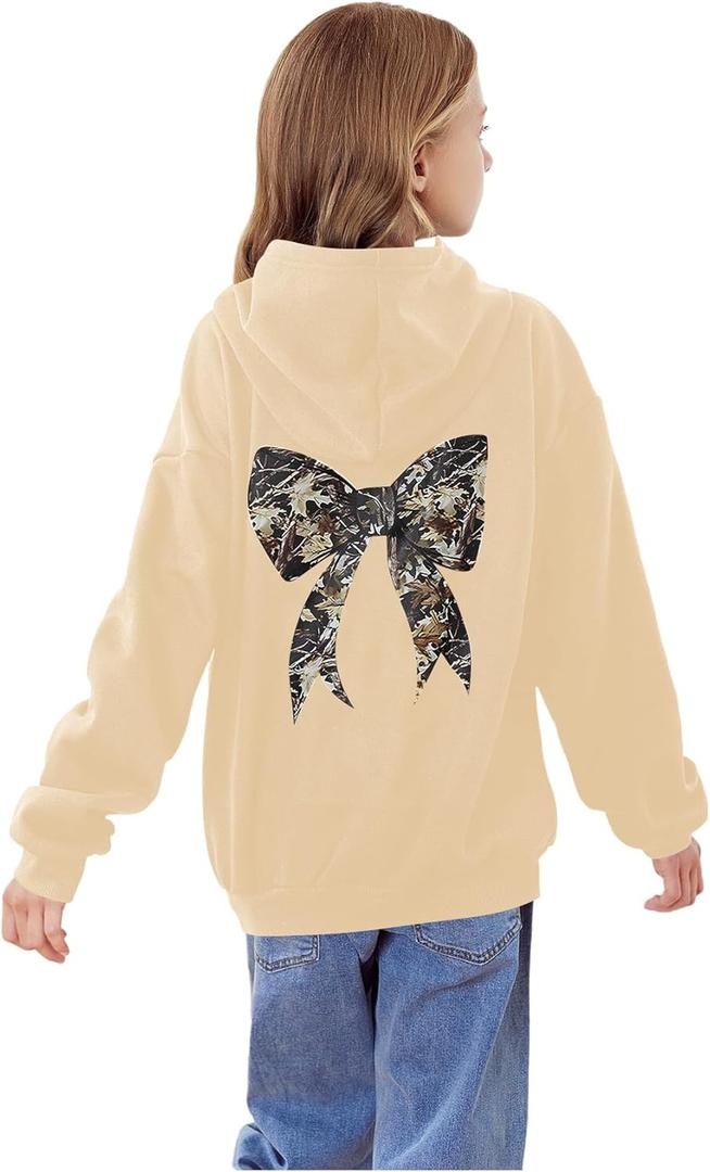 Girl's Bow Camo Graphic Hoodies Long Sleeve Hooded Sweatshirt Preppy Cute Pullover Tops (Apricot)