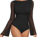 MANGOPOP Women's Boat Neck Bell Sleeve Bodysuit Sexy Sheer Mesh Double Lined Body Suits Going Out Tops (Black, X-Large)