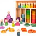 Montessori Toys Wooden Color Sorting Stacking Rings Toy Rainbow Wooden Peg Dolls Counting Toys Circular Building Blocks Stacking Game Preschool Learning Education Fine Motor Skill Toys for Toddlers