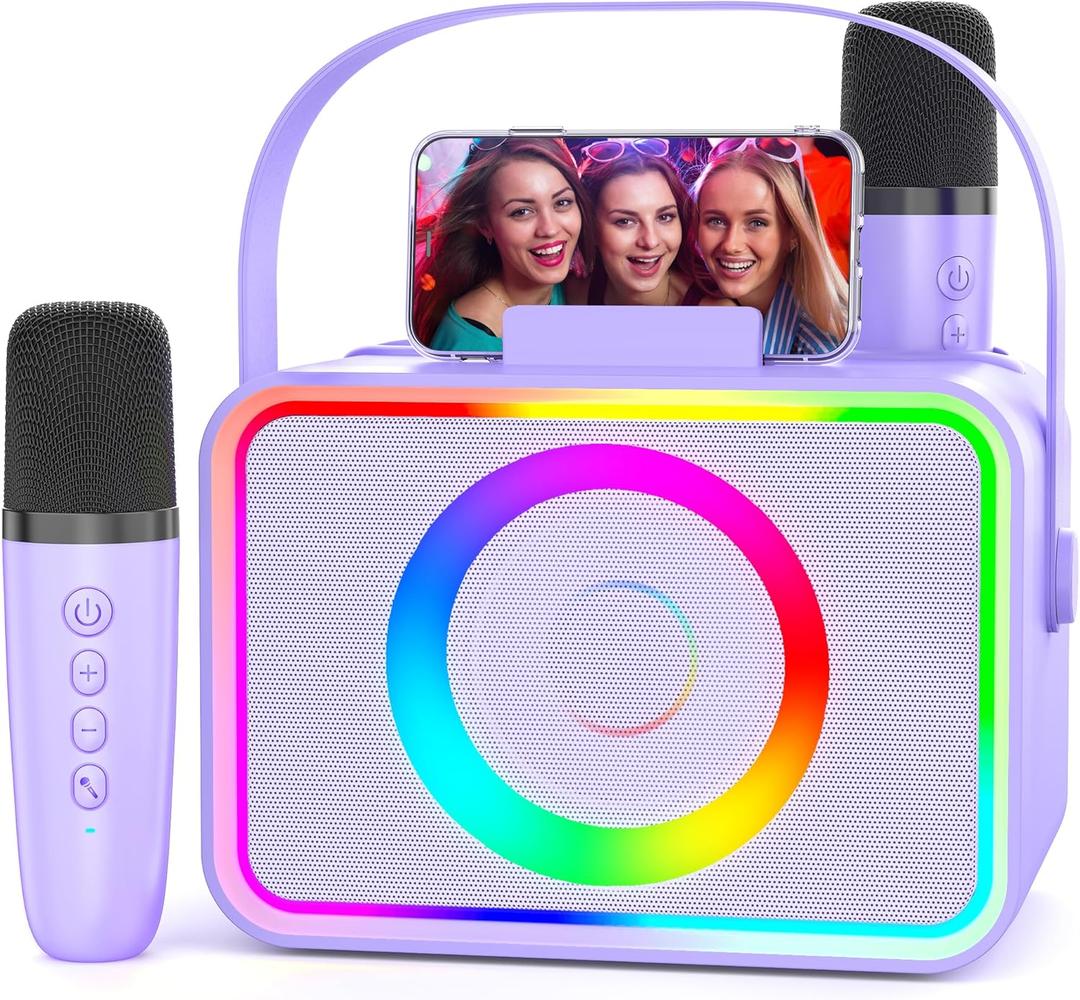Karaoke Machine,Portable Bluetooth Speaker with 2 Wireless Microphone for Adults & Kids with LED Lights, Karaoke Microphone with PA System Supports USB/TF/AUX,Gift for Party(Purple)