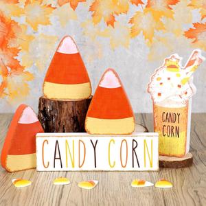 Set of 5 Fall Candy Corn Wooden Table Centerpieces Decor Rustic Autumn Thanksgiving Tiered Tray Decor Fall Halloween Decoration for Home Farmhouse Shelves Centerpieces Office Table Shelf Desk Mantel (Mini)