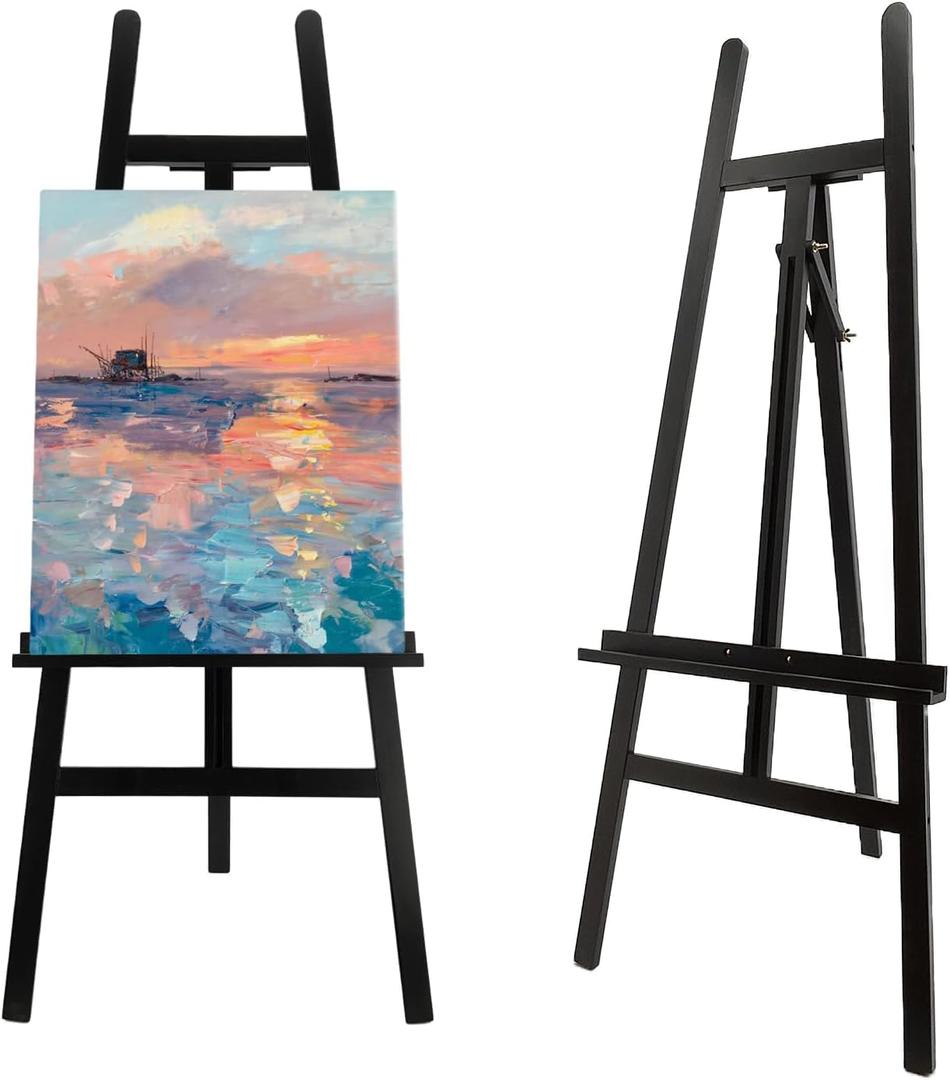 Large A-Frame Wooden Painting Display Black Easel, Large Adjustable Pine Wood Standing Easel Holding Canvas Up to 60'', Solid Wood for Display, Wedding Sign or Painting-Black, 24 x 37 x 55 inches