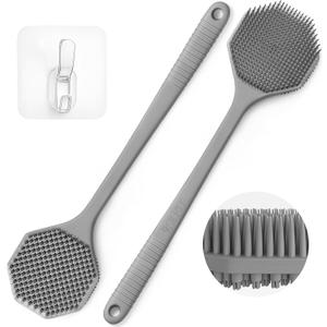 Silicone Back Scrubber with Long Handle - Octagon Body Brush for Shower, Bath, and Exfoliating - Skin Cleansing, Back Scrub and Gentle Silicone Sponge - Wash Your Body with Easy Reach - Silver