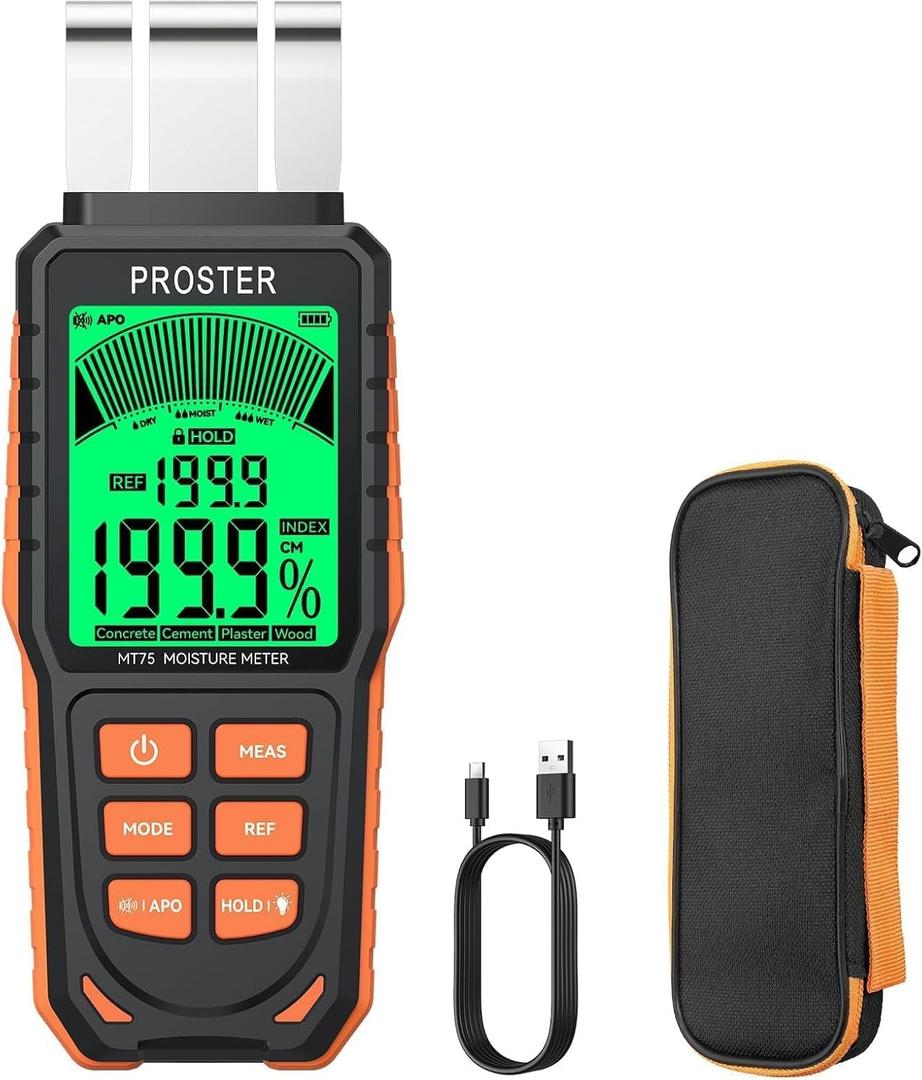Proster Rechargeable Moisture Meter - Wall Moisture Meter with 5 Modes (Index, Concrete, Cement, Plaster, Wood) & 3-Colour Screen, Pinless Damp Tester with Visual & Sound Alerts Detects up to 40mm