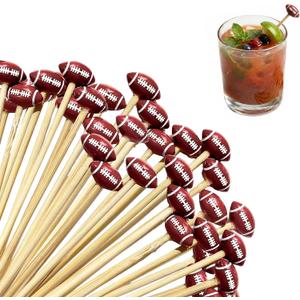 100 Pcs 3D Football Toothpicks, Cocktail Picks, Football Sport Party Decor Picks, Food Fruit Accessories for Party, Long Bamboo Toothpicks Cocktail Decorations Supplies