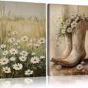NCCXNCC 2pcs Daisy Field and Country Boots Canvas Wall Art Vintage Farmhouse Style Artwork Painting Floral Cowboy Boots Poster Print Suitable for Living Room Bedroom Kitchen Home Decor 12 x 16inch