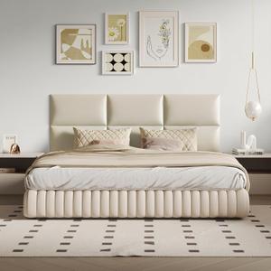 Beige Stick-On Wall Mounted Headboard - 9Piece Modular Bed Backboard for Queen Size Beds, 24 x 12 Inches Each, Easy-to-Install Sound-Proofing Decorative Bed Headboard Queen