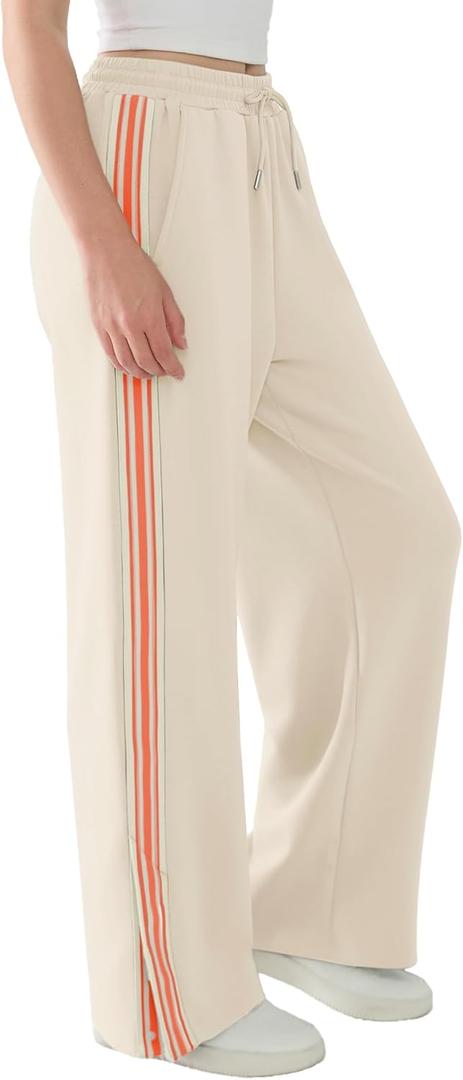 Susclude Womens Wide Leg Sweatpants Baggy Cotton Stretch Track Pants Lightweight Striped Casual Lounge Flatters Legs Pants (Large, Beige)