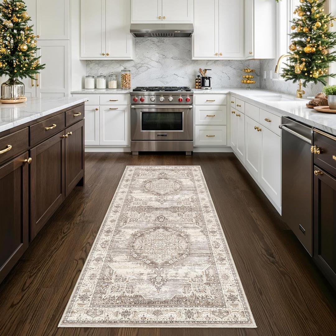 Washable Hallway Kitchen Runner Rugs: 30x96 Indoor Table Runners for Bedroom Bathroom Non-Slip Soft Stain Resistant Carpet for Entryway Laundry Dining Room Foyer (Beige, 30x96) 