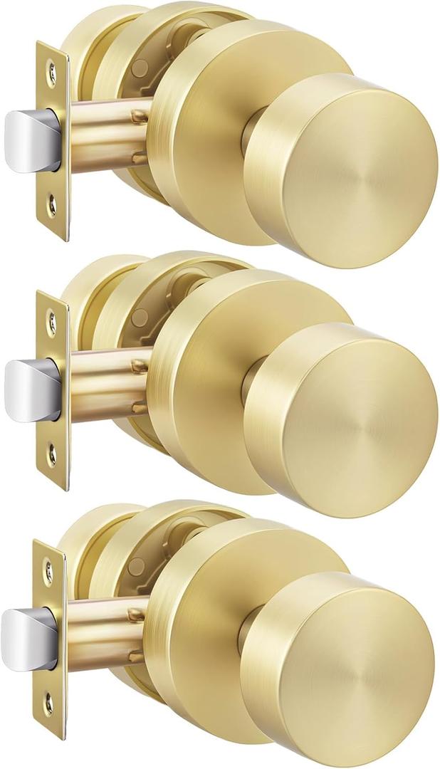 Haidms 3 Pack Brushed Gold Passage Door Knobs for Hallway & Closet  Non-Locking Heavy Duty Interior Door Handle, Zinc Alloy Gold Closet Door Knobs Round Ball Design