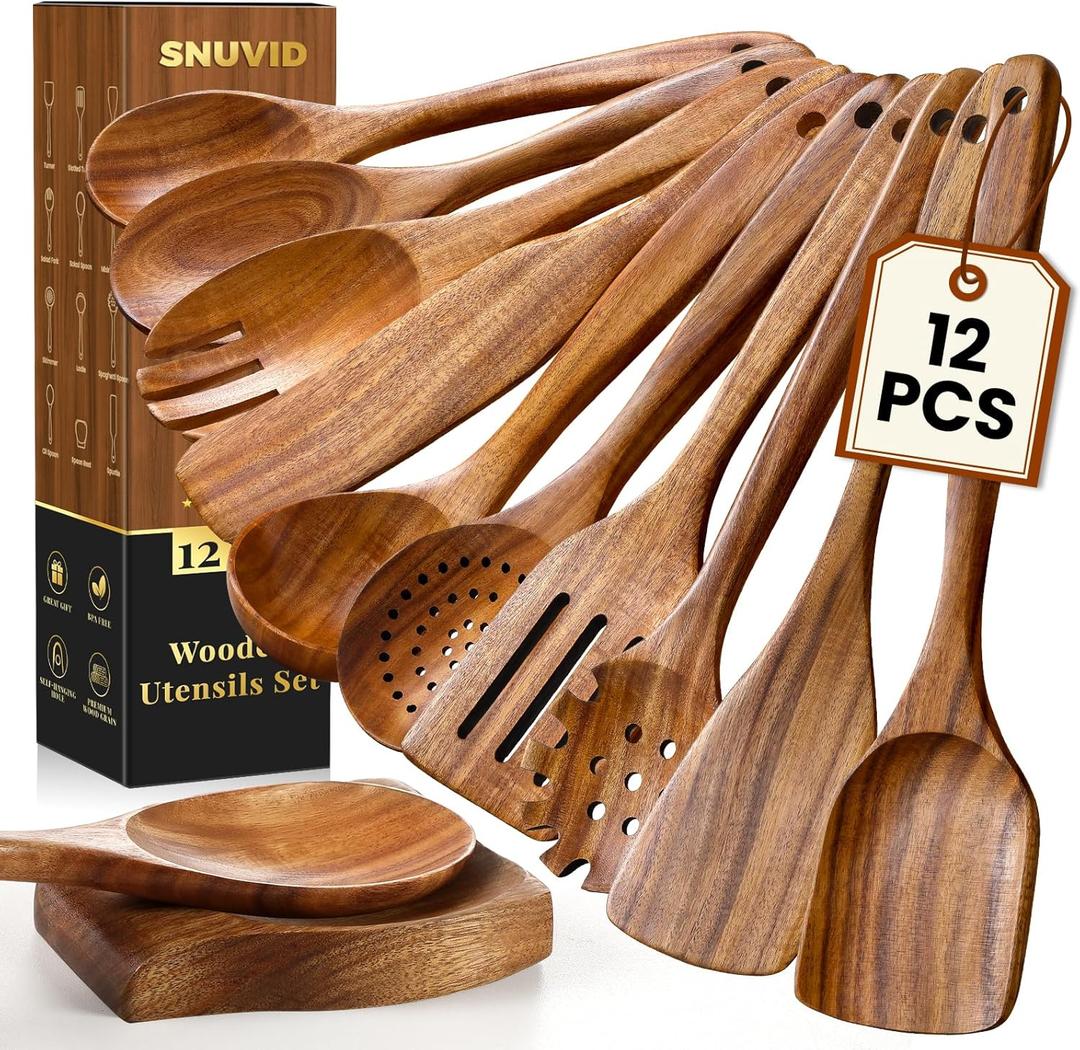 Wooden Spoons for Cooking, 12 Pcs Teak Wood Kitchen Utensils Set with Spoon Rest - Nonstick Heat Resistant Wooden Cooking Utensils, Natural Healthy Spatula Set for Pots and Pans