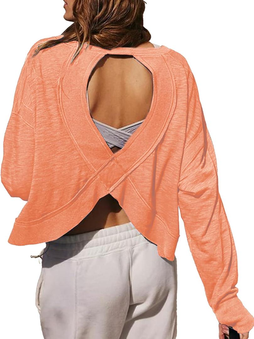 Women's Open Back Workout Crop Top Long Sleeve Casual Athletic Shirts Yoga Tee (Medium, Coral)