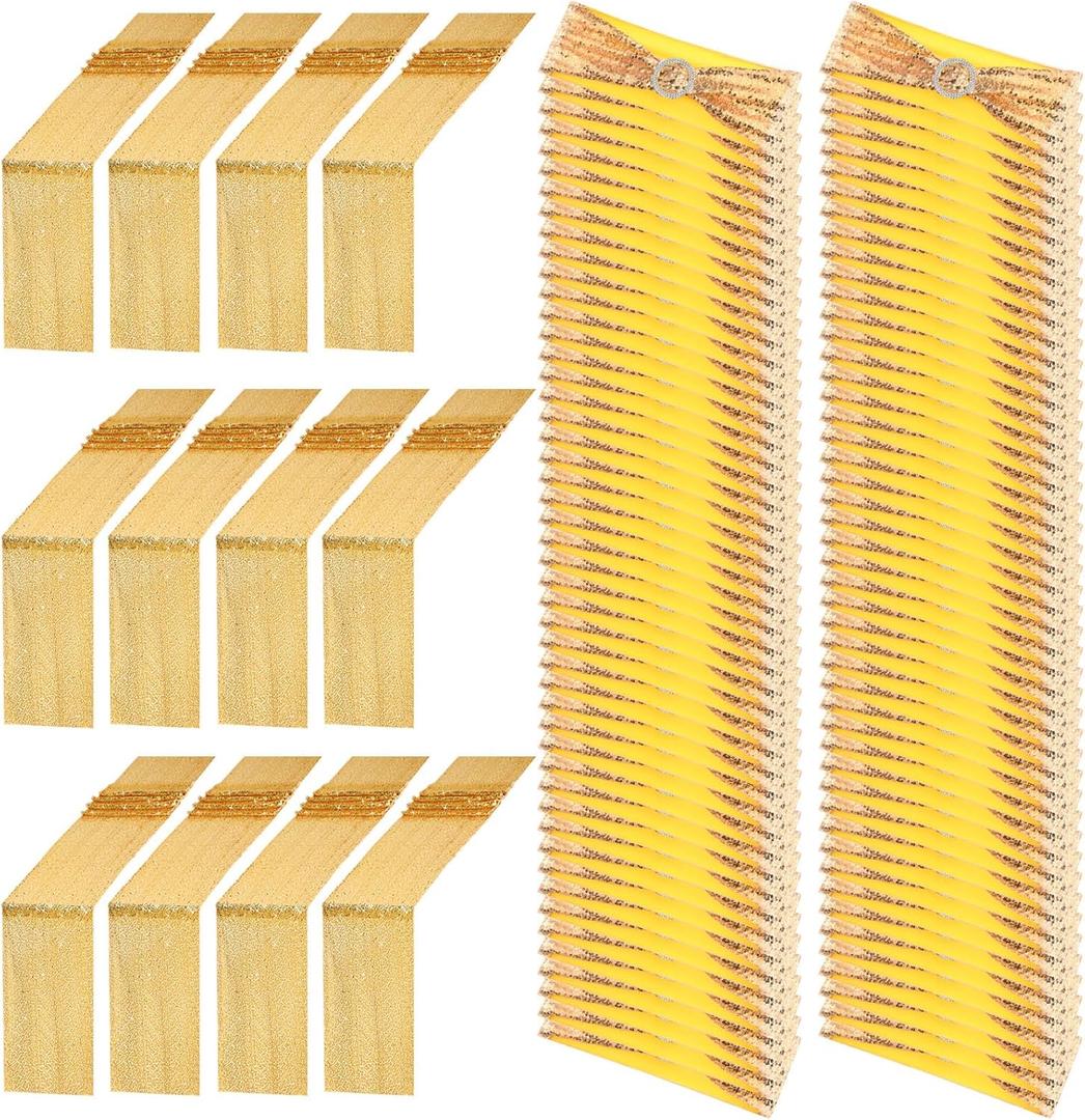 Newwiee 108 Pcs Gold Sequin Chair Sashes and Table Runners, 96 Sequin Chair Bows, 12 Glitter Table Runners for Birthday Party Wedding Banquet Holiday Decorations