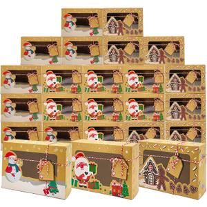PARSUP 24PCS Christmas Cookie Boxes with PVC Window Kraft Paper Gift Cake Treat Chocolate Cake Boxes with Tags for Holiday Xmas Party Favor Supplies, 3 Styles, 8.7x5.9x2.7inch
