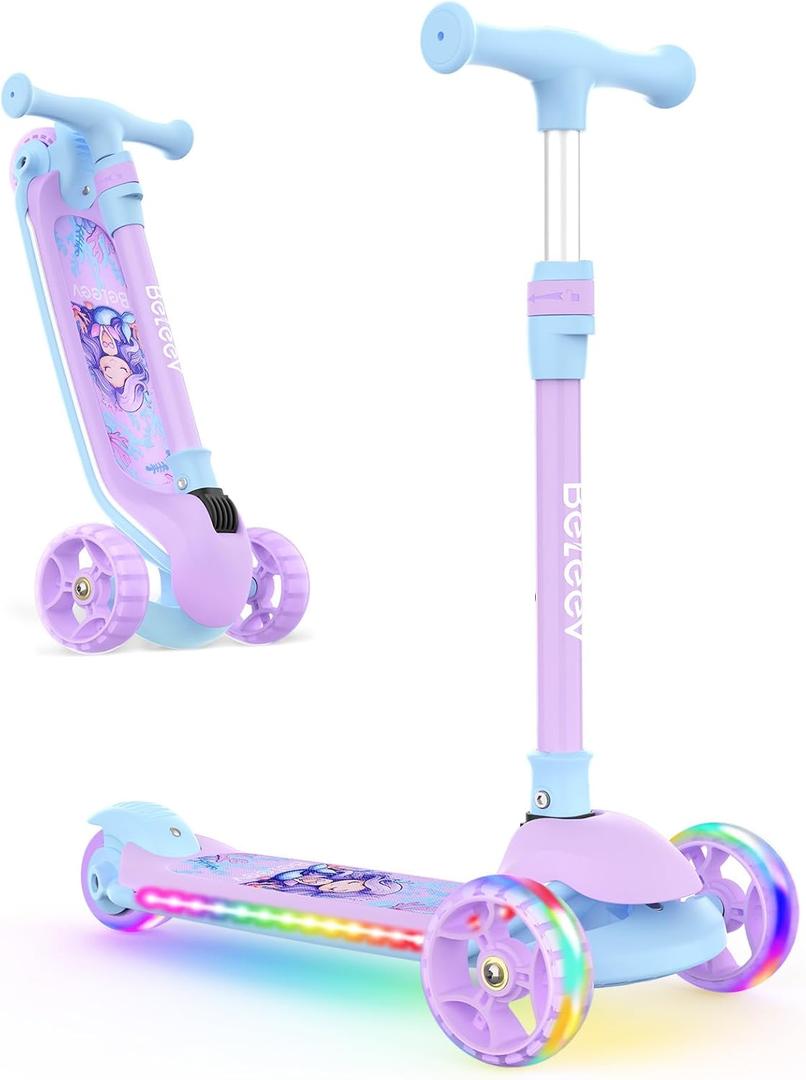 BELEEV A9 Kids Scooter with LED Light-Up Wheels & Deck, 3 Wheel Folding Scooter for Toddlers Girls Boys Ages 3-12, Adjustable Handlebar, Lean to Steer, Extra-Wide Wheels, Kick Scooter for Children (Purple)