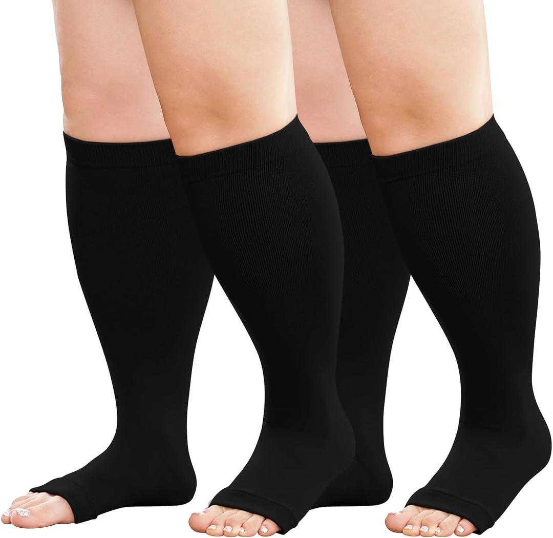 Plus Size Compression Socks: Wide Calf Toeless Stockings for Men Women - Open Toe 20-30 mmHg Compression Hose Support for Travel Nurses (XL, Black-2 Pairs)