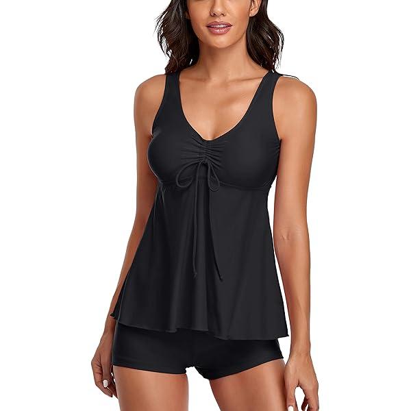 UNIQWETO Tummy Control Tankini Swimsuits for Women's 2 Piece Bikini Long Tank Top with Boyshorts Bathing Suits, L Size