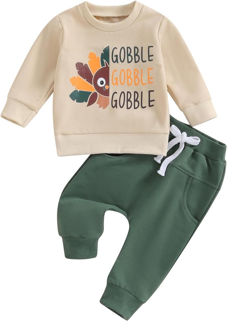 FIOMVA Toddler Baby Girl Boy Thanksgiving Outfits, Long Sleeve Turkey Sweatshirt Top+Pant Clothes Set (Thanksgiving Gobble Beige, 6-12 Months)
