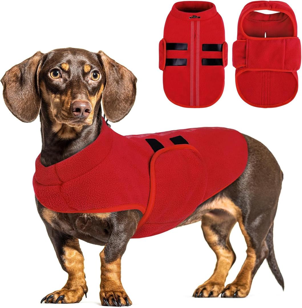 Queenmore Medium Dog Sweaters, Soft Fleece Vest Pullover Dog Jacket with Leash Hole, Warm Winter Dog Clothes Cold Weather Doggy Dachshund Sweater for Dogs Cats Boy or Girl (Red,M)