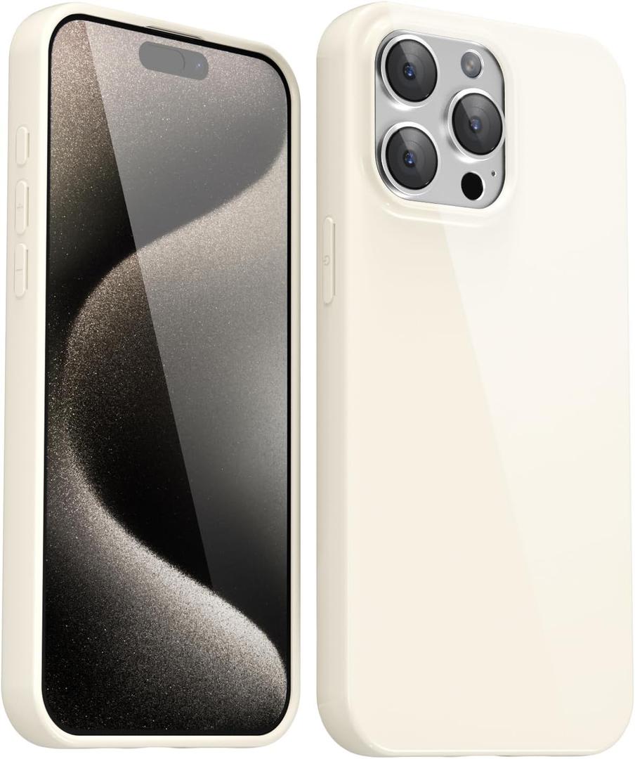 for iPhone 15 Pro Max Case Silicone, Glossy Soft Rubber Gel Jelly Cute Protective Plastic Simple Plain Phone Case Cover for Women Girl, Slim Thin Flexible Shockproof TPU, Beige Stone White