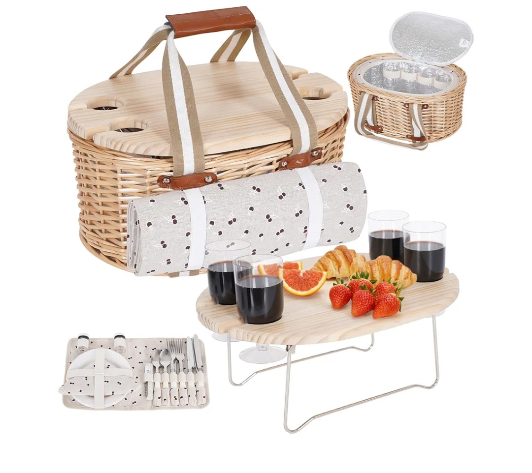 Picnic Basket Set for 4 - Wicker Insulated Picnic Basket with Waterproof Blanket, Folding Wine Picnic Table & Cutlery Kits, Picnic Baskets Kit for Camping, Outdoor, Valentine (Cherry)