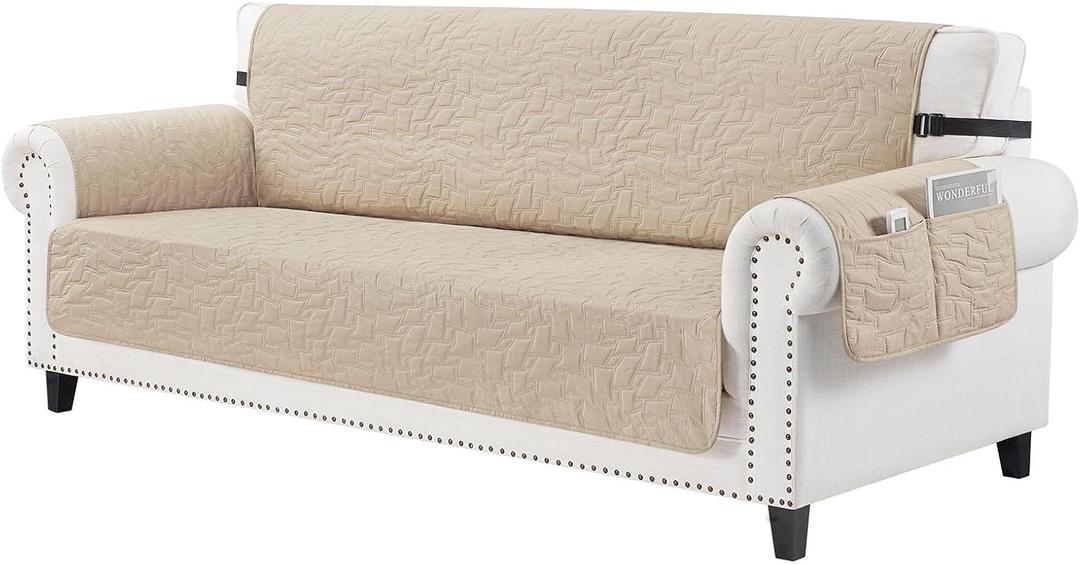 CUCRAF Non Slip Quilted Sofa Cover, Water Resistant Slipcover Furniture Protector for 3 Cushion Sofa Pet Friendly, Washable Couch Cover with Adjustable Elastic Straps (X-Large, Beige)