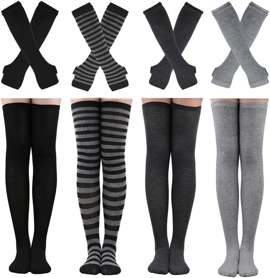 Barrlves 2/4 Sets Womens Striped Knee High Socks Long Knitted Arm Warmers Fingerless Gloves for Halloween Costume (4 Sets Solid Black+White+Deep Grey+Grey), One Size
