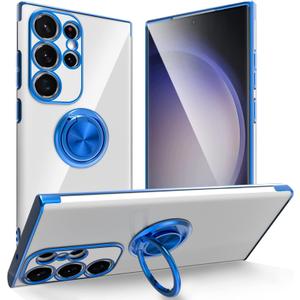 Designed for Samsung Galaxy S23 Ultra Case with Stand, Ring Holder Kickstand, Support Magnetic Car Mounts, Soft TPU Bumper, Non-Yellowing Anti-Scratch Anti-Fingerprint, Clear and Blue
