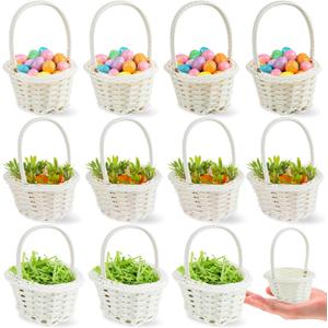 FOIMAS 12pcs Mini Easter Baskets with Handles 100pcs Colorful Easter Eggs and 12pcs Artificial Carrots Shred Grass for Easter Party Favor Decoration Craft Supply