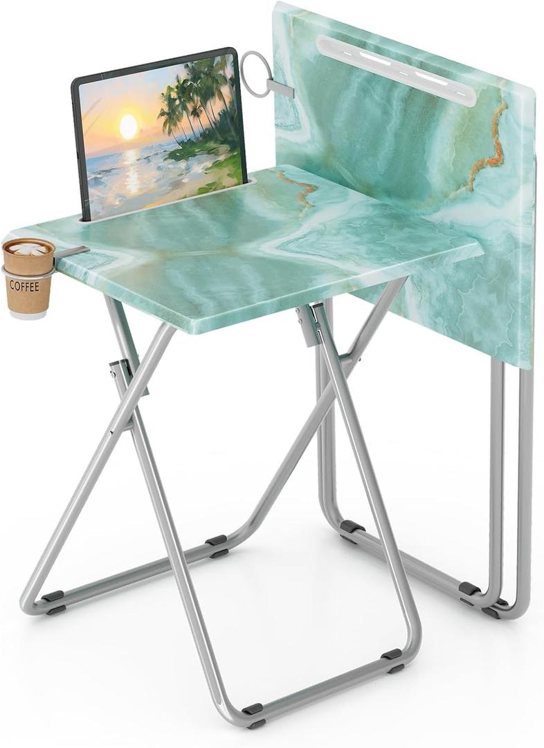 TV Trays Table Set of 2 Portable Folding TV Tray Table TV Dinner Tray with Sturdy MDF, Small Folding Tables with Phone & Tablet Slot, No Assembly Required, 15 x 18.9 x 25.6 in (Sea Blue Marble, 2Pcs)