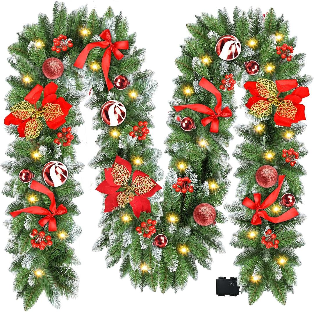 Christmas Garland with Lights, 9FT 30 LED Prelit Christmas Garland for Mantle,Outdoor Indoor Christmas Decorations Garland Battery Operated with Timer, Bows,Flowers,for Stairs,Railing,Fireplace,Door