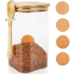 Brown Sugar Keeper Containers, 1.4Qt(1300Ml) Glass Food Storage Jars with 4 Terra Cotta Brown Sugar Savers, Lids and a Spoon, Suitable for Storing Food/Spices/Candies/Coffee Beans