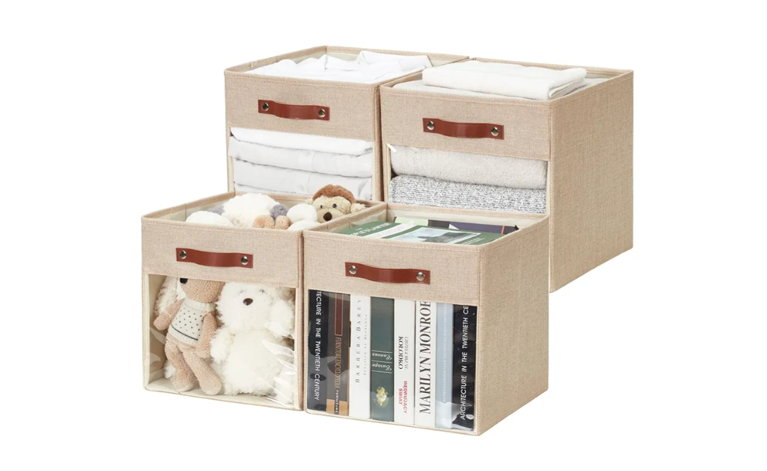 Storage Cube Organizer with Clear Window, Linen Collapsible Storage Boxes with PU Handles, Cube Storage Bins for Shelf, Closet, Cabinet, Bookcase (13x13x13, Khaki)