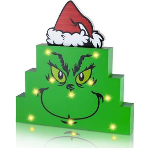 Light Up Christmas Table Decor Green Christmas Decorations Wooden Sign with LED Lights - Battery Operated Christmas Decorations Indoor for Home Mantel Fireplace Shelf Table Top Decor