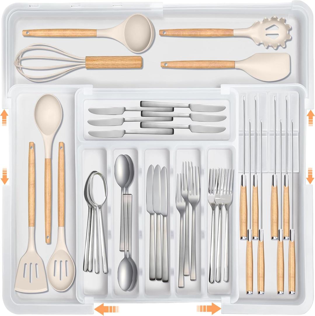 Homecor Silverware Organizer for Kitchen Drawer, Expandable Utensil Drawer Organizer with 2 Knife Block, Flatware and Cutlery Holder, Adjustable Plastic Storage for Spoons Forks Knives (White)