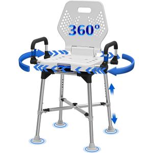 Swive Shower Chair with Arms and Back for Seniros Elderly Disabled or Bariatric Adults, Bench Seat for Inside Shower Stall and Bathroom Bath Tub Seats Adjustable Stool Heavy Duty 500 lbs sit Chairs (Large Rotation Model)