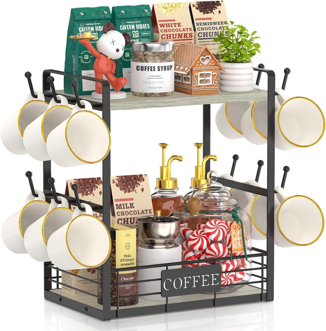 EsLuker.ly Coffee Bar Station Organizer Mug Cup Holder Stand for Countertop, Multi-Functional 2 Tier Mug Tree Rack for Kitchen, Storage Shelf with 12 Hooks, Light Grey-Black
