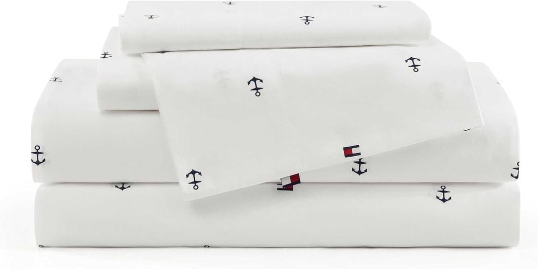 Tommy Hilfiger - Queen Bed Sheets, Crisp & Cool Cotton Percale Bedding with Matching Pillowcases, Lightweight Bed Set, Oeko-Tex Certified (Anchor and Flag Blue)