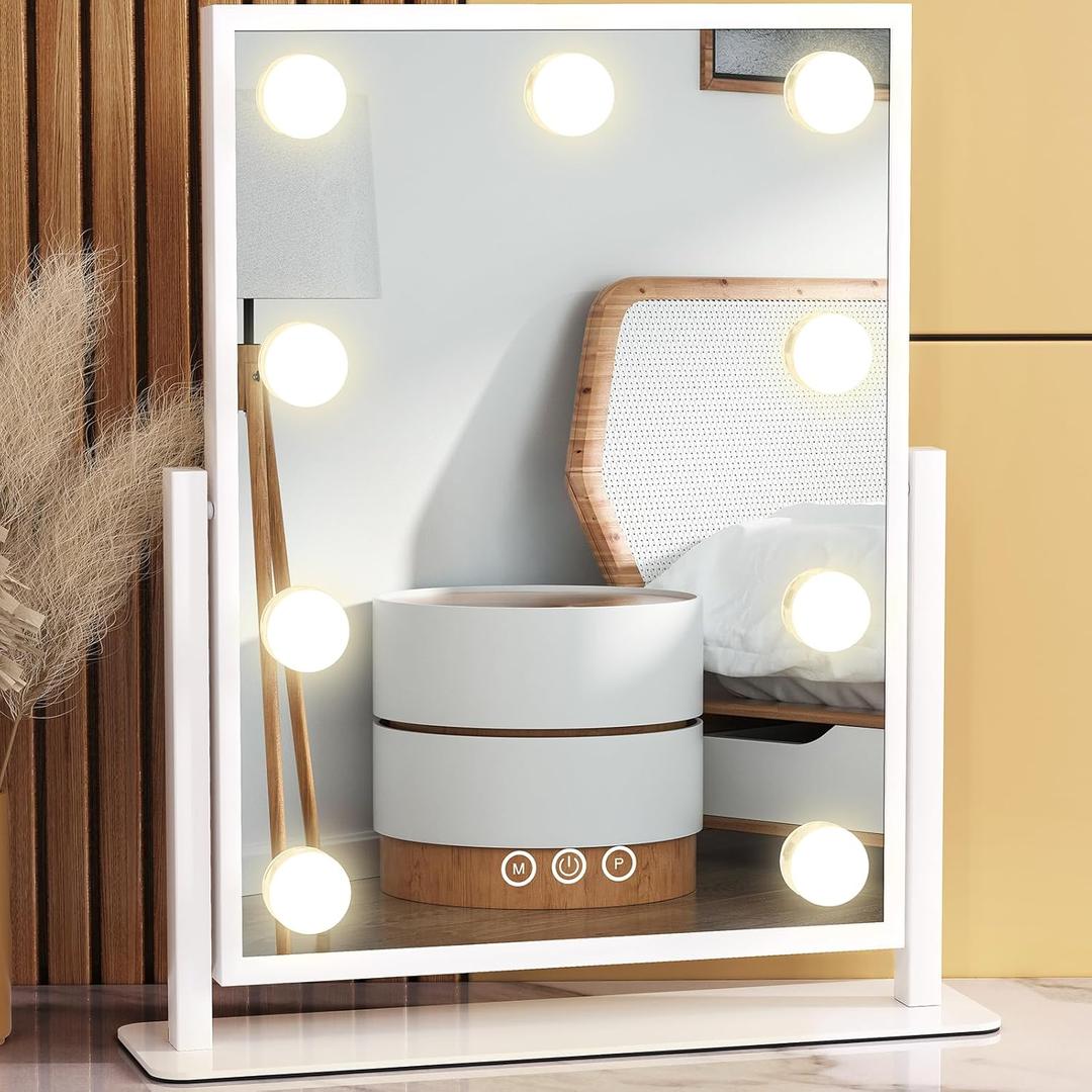 Vanity Mirror with Lights, Lighted Makeup Mirror Hollywood Makeup Mirror with 9 Dimmable Bulbs and 3 Color Lighting Modes, Smart Touch Control, 360Rotation