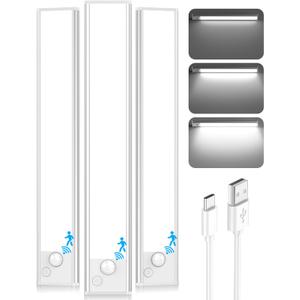 Under Cabinet Lighting, LED Battery Operated Rechargeable Motion Sensor Night Lights Indoor, 2200mAh Magnetic Wireless Closet Light, 6500K Dimmable Under Counter Lights for Kitchen, Stair, 3 Packs (10inch)