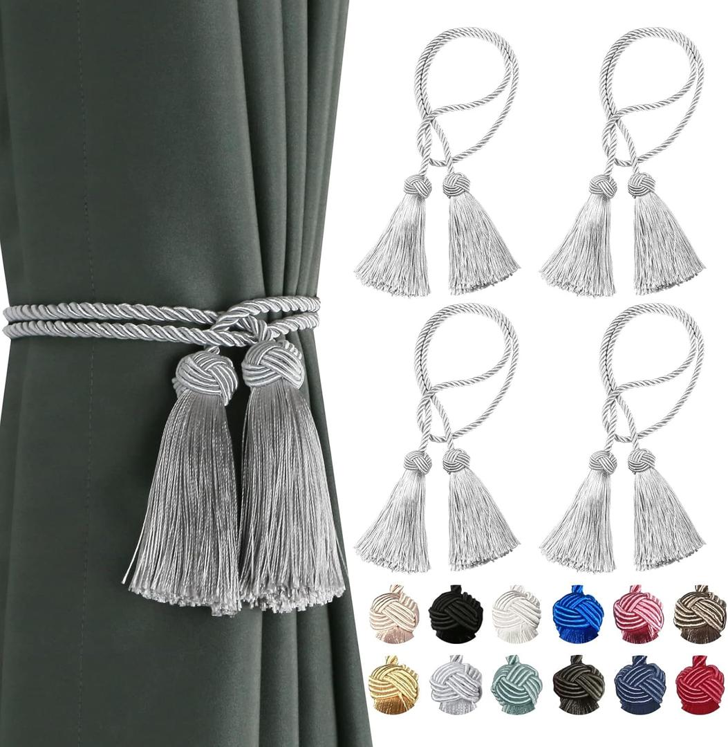 BEL AVENIR 4 Pack Curtain Handmade Tiebacks Decorative Curtain Holdbacks with Tassel (Silver, 4 Pack)