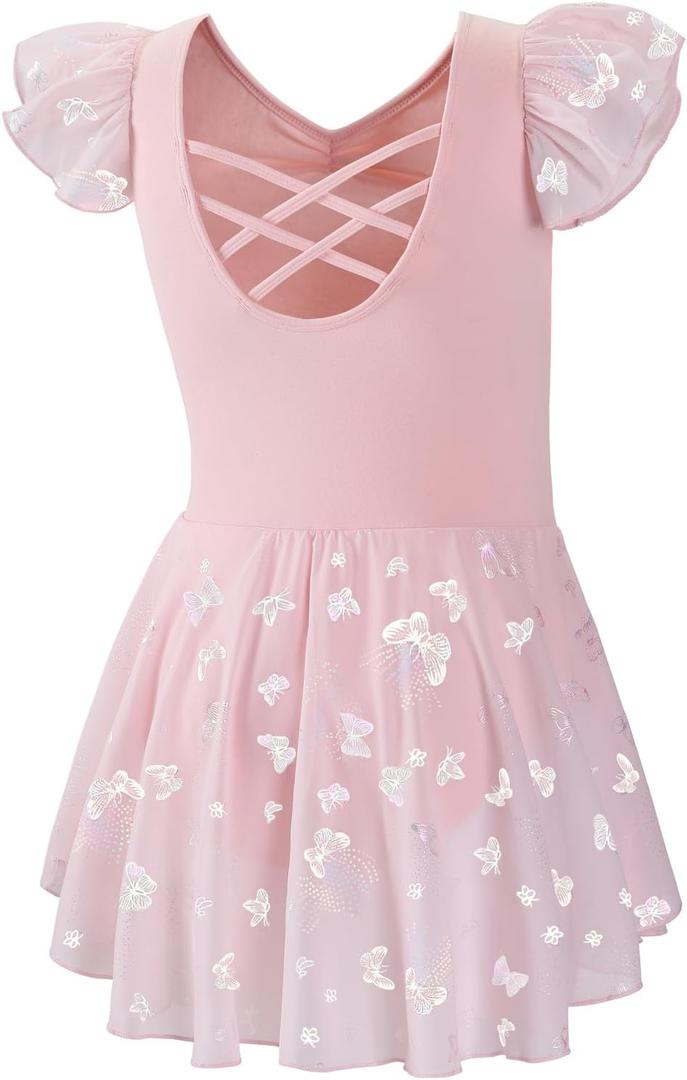 DIPUG Ballet Leotards for Girls with Skirt Shiny Toddler Dance Leotard Butterfly (8-10 Years, Pink)