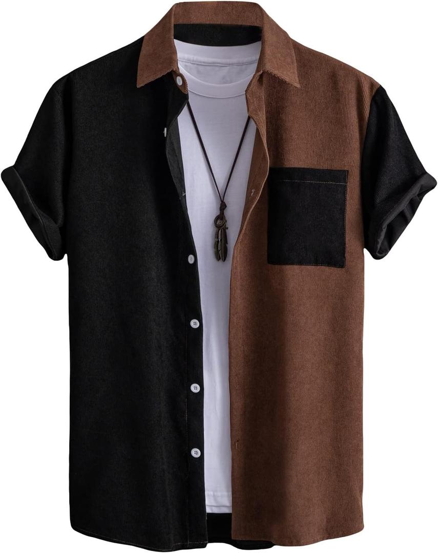 Milumia Men's Casual Button Up Shirt Pocket Short Sleeve Colorblock Blouse Tops (Medium, Black and Brown)