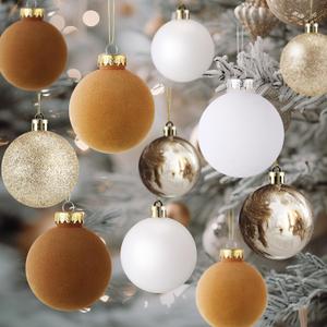 45 Pcs Velvet Christmas Balls Ornaments Bulk, Large Flocked Christmas Tree Ornaments Glittery Shatterproof Hanging Plastic Balls for Holiday Xmas Home Decor(Khaki Brown)