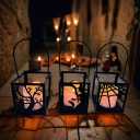 3-Pack Halloween LED Lantern Set - Flickering Electric Candles in Black Metal Frame with Handle - Witch, Spiderweb, and Tree Designs for Spooky Indoor Outdoor Decor