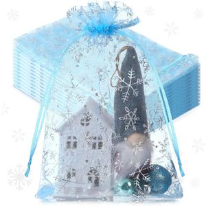 Roowest 50 Pcs Large Snowflake Organza Bags, 8'' x 12'' Winter Mesh Drawstring Gift Bags Bulk Sheer Pouch for Winter Holidays Xmas Wedding Jewelry Candy Packaging(Light Blue,Silver)