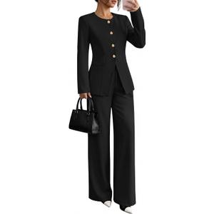 ZESICA Women's 2026 Spring Two Piece Suits Set Casual Business Long Sleeve Blazer Jacket Wide Leg Pants Work Outfits Sets (Black, XL)