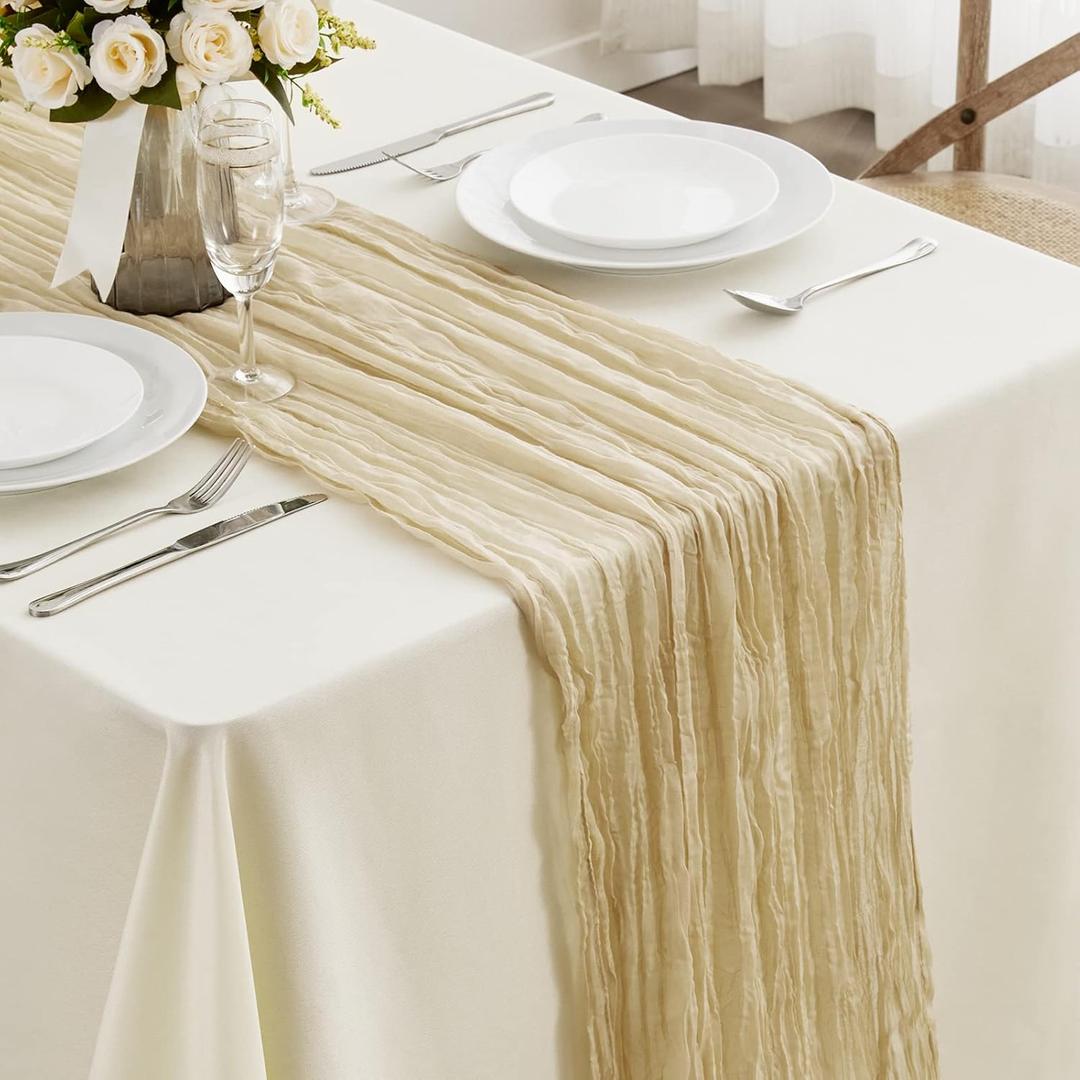 Beige Cheesecloth Table Runner - 13.3Ft Boho Gauze Cheese Cloth 35x160 Inch Long Romantic Sheer Table Decoration for Wedding Bridal Baby Shower Birthday Party