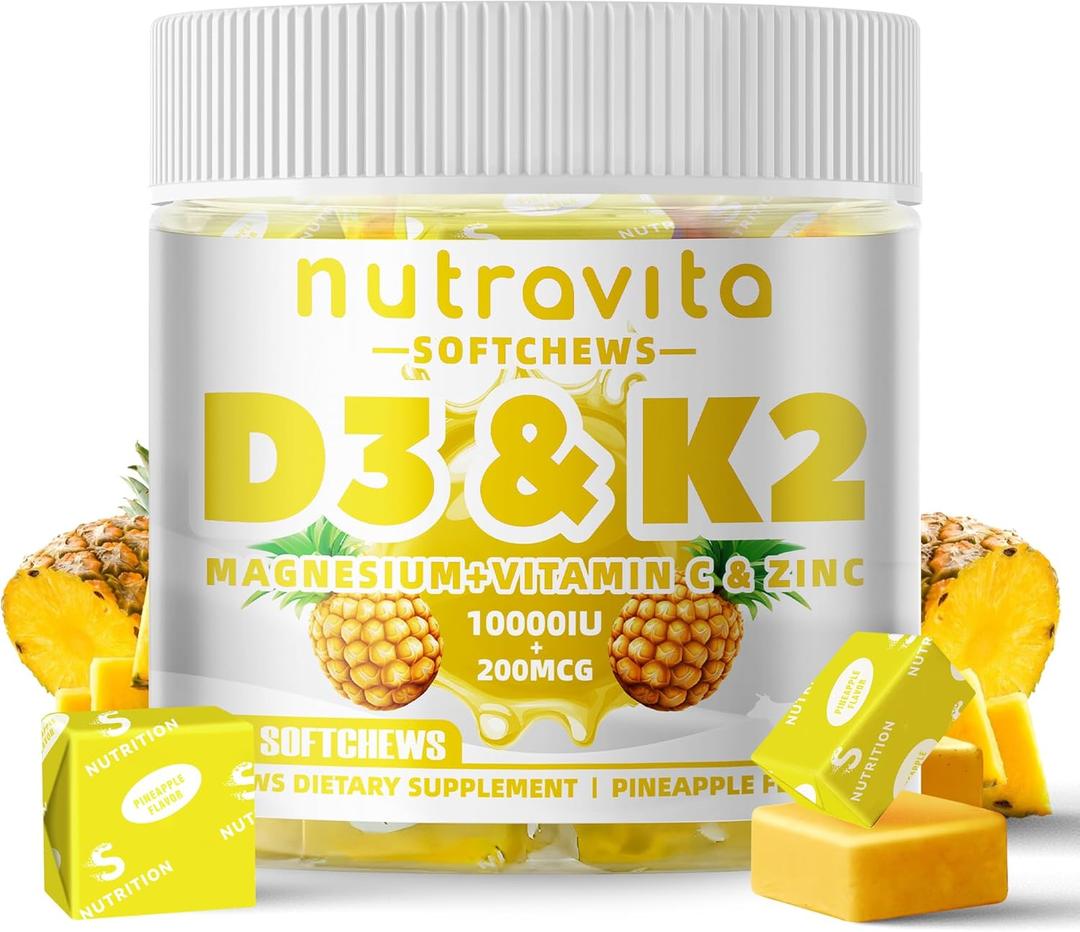 2 x Nutravita Sugar-Free Vitamin D3 K2 Chews with Calcium + K2 (MK-7), Magnesium Citrate, Vitamin C, Extra Strength - Ultimate Absorption for Bone Muscle Teeth Immune, Vegan - 60 Count-Pineapple Flavor, Exp: 03/2027