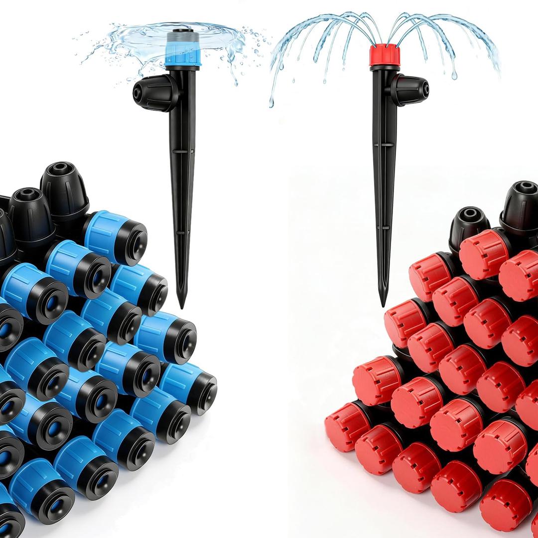 50pcs Drip Emitters with Stake for 1/4" Irrigation Tubing, Adjustable 360 Degree Water Flow Irrigation Vortex Sprayers & Stream Emitters On 5" Stake Garden Irrigation Dripper System
